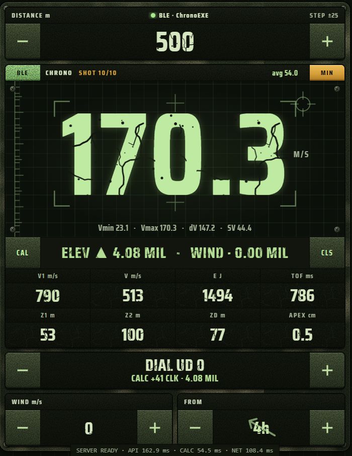 CHRONO ONLINE measurement and ballistic calculator screen