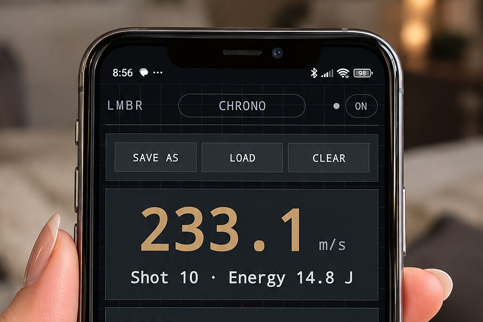 LMBR chronograph with Android application in use