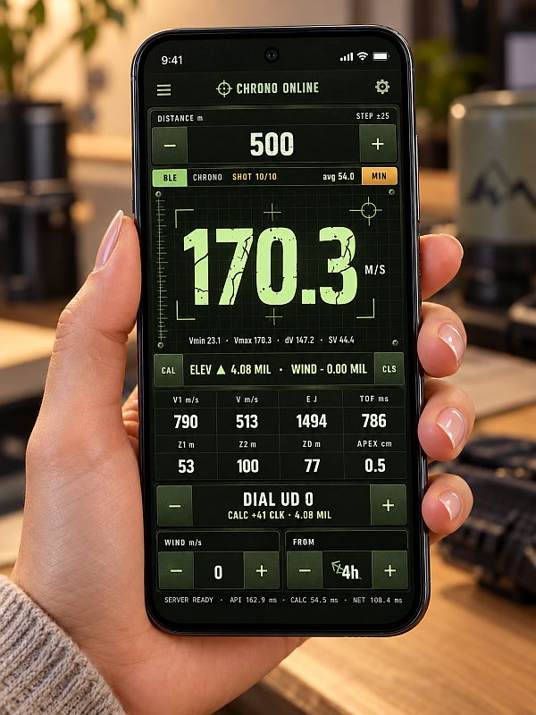 CHRONO ONLINE interface displayed on a smartphone held in one hand